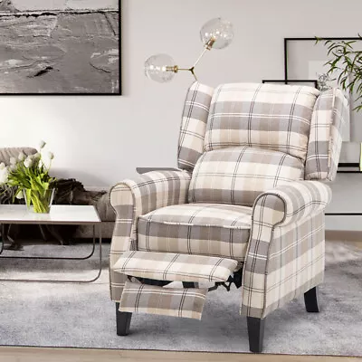 Orthopeadic Tartan Recliner Beige Fabric Armchair Lounge Sofa Winged Back Chair • £229.95