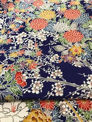 @@ Vintage Japanese Kimono Silk Fabric /smooth Crepe Dark Blue Base L32 • £5.59