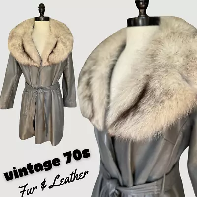 Vintage 70s Gray Leather Fur Coat PennyLane Hippie Groovy Boho Gypsy Indie Indie • $130