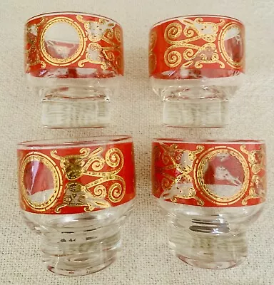 Vintage MCM CULVER SIGNED Gold And Red Regal Scroll 4oz Whiskey Glasses BAR BOHO • $45