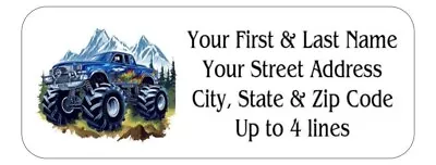 150 Monster Truck Blue Return Address Labels Personalized Printed  1 X 2 5/8 • $7.99