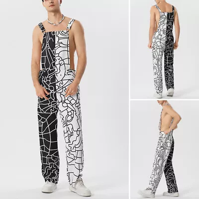 Fashion Mens Patchwork Jumpsuit Printed Hippy Long Pants Wide Leg Rompers Pants • $30.10