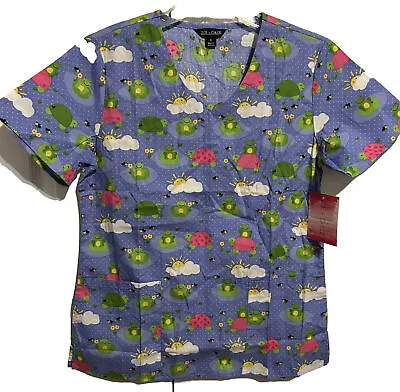 NWT Women's Size S Zoe & Chloe Scrub Top - Blue With Frogs Turtles & Sunshine • $9