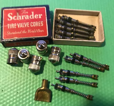 Vintage Schrader Valve Core Box   With Valve Stem Caps   & Core Tool • $45