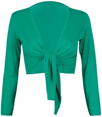 Womens Plain Tie Knot Shrug Ladies Cropped Bolero Long Sleeve Tie Up Front Top • £6.99