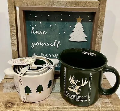 RAE DUNN White Measuring Cups W/Green CHRISTMAS TREES Forest Green Mug & Sign • £94.45