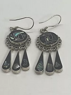 Vintage Sterling Silver 925 Inlay Taxco Mexico Dangle Drop Earrings 15.80g 2 In • $25