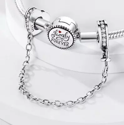 £15.97 • Buy Love Heart White Crystal Safety Chain Bead Spacer Charm 925 Sterling Silver