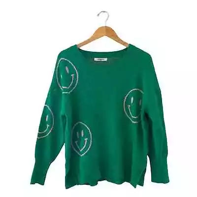 Miracle Smiley Face Sweater Crew Neck Women's Medium-Large Green Knit Cozy Slits • $18.99