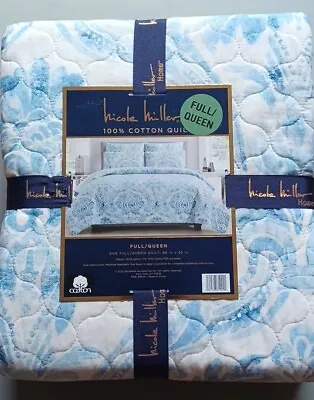 Nicole Miller 100% Cotton Queen Quilt 88x92 Blue Watercolor Floral Beautiful  • $129.97