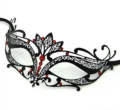 Black With Red Stones Metal Filigree Masquerade Mask VERONA Fancy Dress Party • £10.99
