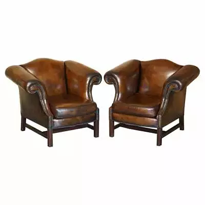 Part Of Large Suite This Lovely Pair Of Hand Dyed Brown Leather Club Armchairs • £4000