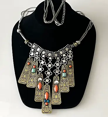 $14.99 • Buy Vintage Indian Aztec Hieroglyphic Brass & Silver Tone Medallion Necklace # 38