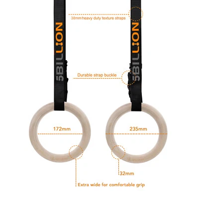 $34.99 • Buy 5Billion Wood Gymnastic Olympic Rings With Buckle Straps Gym Strength Training