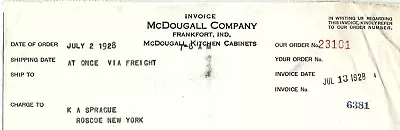 1928 FRANKFORT INDIANA McDOUGALL COMPANY KITCHEN CABINETS INVOICE BILLHEAD Z4236 • $10.44