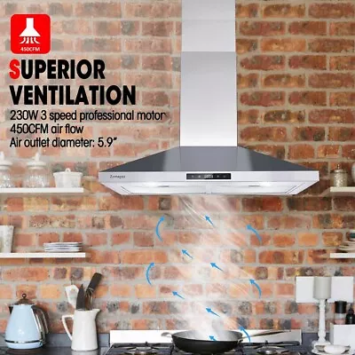 30in Wall Mount Range Hood Stainless Steel Vent 450CFM 3-Speed Touch Control New • $129.99