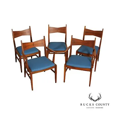 Lane Mid Century Modern Set Of Five Walnlut 'Tuxedo' Dining Chairs • $2195