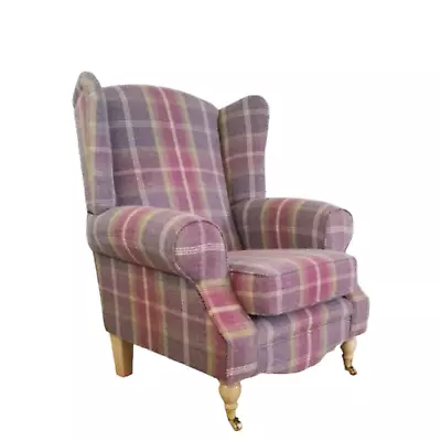 Accent Wing Back Queen Anne Chair Balmoral Amethyst Tartan Light Wood Legs • £479