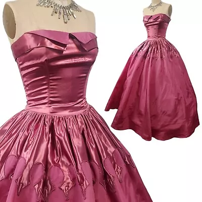 Vtg 40s Prom Dress XS 50s Pink Petal Bust Satin Flare Full Unique Skirt Details • $224.99