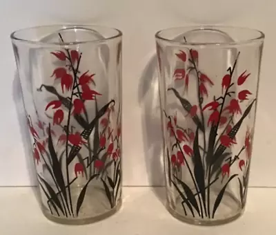 Vintage Beautiful Set Of 2 Drinking Glasses W/Red & Black Wild Flowers 8 Oz. • $14.99