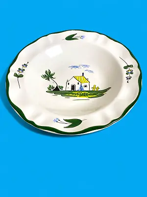 Varages France Cabanon Large Rim Soup Bowl 9 1/4  Green Trim Cottage Core House • $17.50