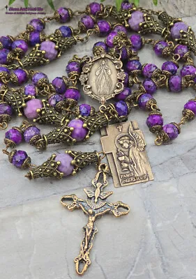 Divine Mercy Bread Of Angels Purple Jasper Vintage Bronze Ornate Rosary • $159