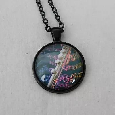 Flute Music Notes Pink Blue Band Black Cabochon Pendant Chain Necklace Round • $5