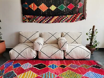 Moroccan Handmade Floor Couch - Unstuffed Wool White Sofa Covers + Pillow Cases • $679.15