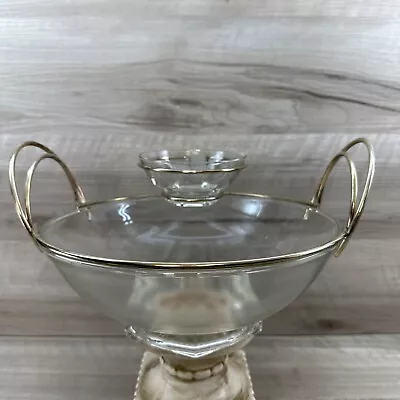 Vintage MCM Clear Glass Chip And Dip Bowl Set W/ Round Gold Metal Tone Handles • $17.99