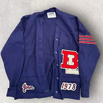 Vintage 70’s College University School WOOL Letterman Varsity Cardigan Sweater L • $39.99
