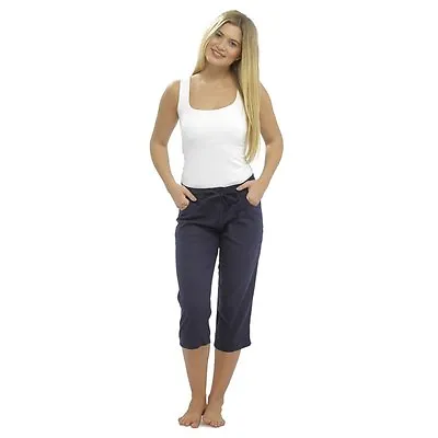 Womens 3/4 Length Linen Trousers Ladies Capri Cropped Pants Shorts Size 14 16 18 • £9.99