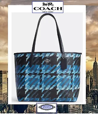 NWT COACH CITY Tote With Graphic Plaid Print CM160 In BLUE MULTI Canvas Silver • $189.95