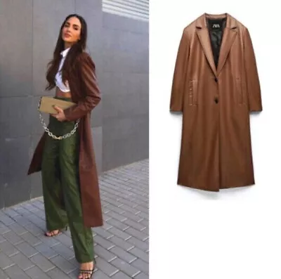 Zara New Woman Long Faux Leather Trench Coat Camel Brown 1255/702 Xs - L • $154.14