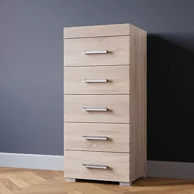 Sonoma Oak Effect Tall Boy Chest Of 5 Drawers Bedroom Furniture - Narrow Slim • £64.95