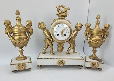 Antique White Marble Vincenti Garniture Mantel Clock Set  • $1439.84