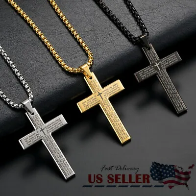 Men Boys Stainless Steel Cross Pendant Necklace  Lord's Prayer Bible Chain 24  • $8.79