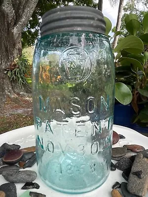 Vintage Aqua Keystone MASON PATENT NOV 30 1858 Quart Glass Ball Jar W Zinc Lid • $29