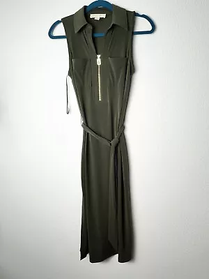 Michael Kors Womens Dress Midi Belted Sleeveless 1/4 Front Zip Olive Green Sz:XS • $25