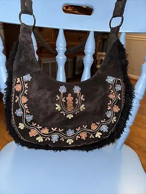Vintage 90s Brown Suede Purse Bag Colorful Embroidered Front Hobo Hippie • $19.99