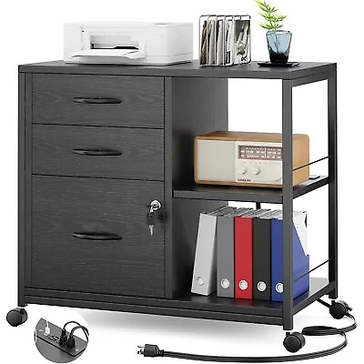 3 Drawer File Cabinet With Charging Ports Locking Drawers Rolling Lateral Black • $99.99