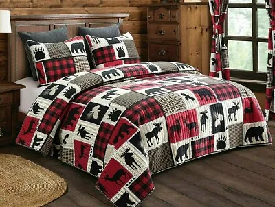 Lodge Life Full Size Quilt Set Black Bear Paw Moose Deer Eagle Red Buffalo Check • $76.84