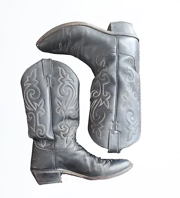 Vtg Justin Men's Leather Cowboy Western Boots White Flame Stitch Black Size 10.5 • $119.99