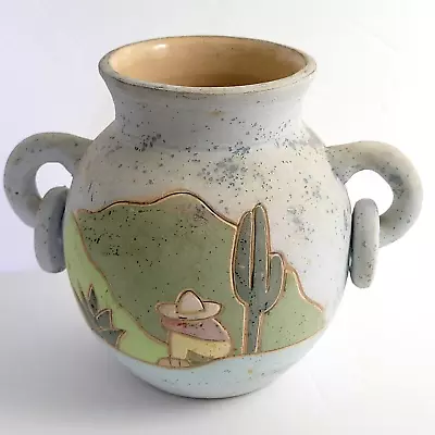 Mexican Pottery Amphora Vase Tonala Double Handles  Siesta Desert Signed Gardiel • $16.70