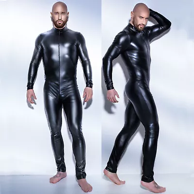 Men PVC Leather Black Zipper Catsuit Wetlook Bodysuit Jumpsuit Leotard Clubwear • £23.99