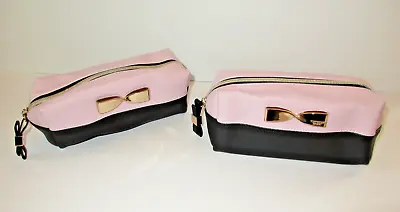 Victoria's Secret Cosmetic Pink/Black Gold Logo Metal Bow Zip Travel Bag Lot • $19.99