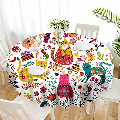 Round Cat Tablecloth 60 In Floral Coffee Table Cover Waterproof Fabric  • $26.65