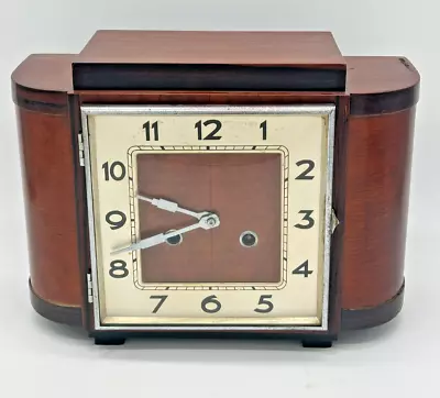 1930s Art Deco Mantle Clock Chrome Birch Contrasting Chimes Works Mcm • $375