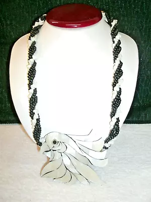 Vintage Necklace--Mother Of Pearl PARROT  With Blk/White Bead Rope • $22.99