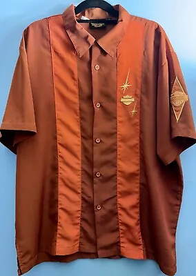 HARLEY DAVIDSON Motorcycle Orange Bowling Hawaii Shirt EMBROIDERED Button XXL • $34.95