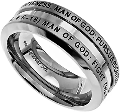 Solid Stainless Steel Christian Man Of God Ring 1 Timothy 6:6-16 Guy'S Purity R • $29.51